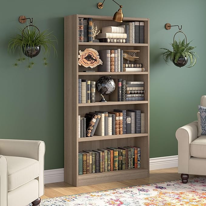 Bush Furniture Universal Tall 5 Shelf Bookcase in Ash Gray, Vertical Storage and Display Bookshelf for Home Office or Living Room Organization