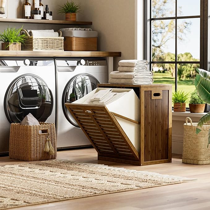 HITNET Bamboo Tilt Out Laundry Hamper, Bathroom Storage Cabinet with Hidden Removable Basket and 3 Sides Cutout Handles, Freestanding Kitchen Trash Can Cabinet, Walnut