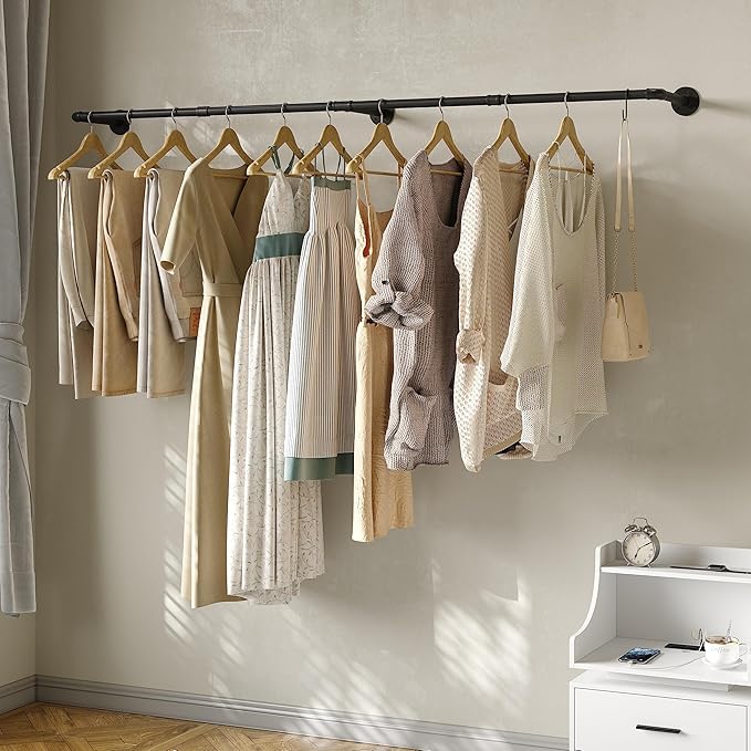 Industrial Pipe Clothes Rack with 3 S-shaped Hooks, 72’'L Wall Mounted Garment Rack, Heavy Duty Iron Garment Bar, Clothes Hanging Rod Bar for Laundry Room, Max Load 135Lb Black (2 Package)