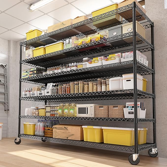 REIBII 82.6" H*60''W*17.7" D Steel Heavy Duty Wire Shelving with Wheels, 6-Tier Adjustable Storage Shelves 3598LBS Commercial Metal Shelves for Pantry, Garage, College Dorm School Industrial Shelving