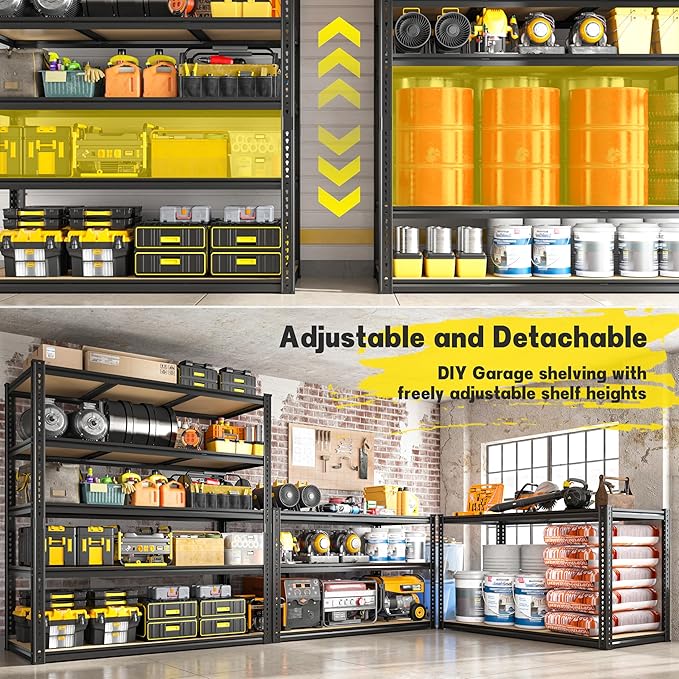 48" W Garage Shelving Heavy Duty 2800LBS Garage Storage Shelves, 5 Tier Adjustable Metal Shelving Unit Utility Rack Shelf for Warehouse, Pantry, Closet, Kitchen 72" H x 48" W x 18" D, Black，2PCS