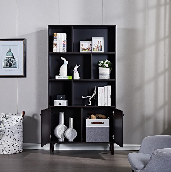 67 in Bookcase with Doors, 3-Tier Bookshelf Farmhouse Bookcases Wooden Deep Bookshelves Storage Cabinet Organizer for Living Room, Study, Kitchen, Home Office,Coffee