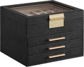 SONGMICS Jewelry Box Organizer with Glass Lid, 4-Layer Jewelry Storage, with 3 Drawers, Modern Style, Christmas Gift, 8 x 9.1 x 6.5 Inches, Graphite Black and Gold Color UJBC173B01