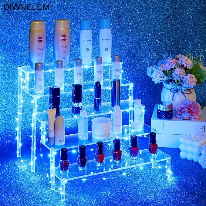 DIWNELEM 5 Tier Acrylic Risers with Blue LED Light - Acrylic Display Stands for Countertop Organizer, Collections and Cosmetics