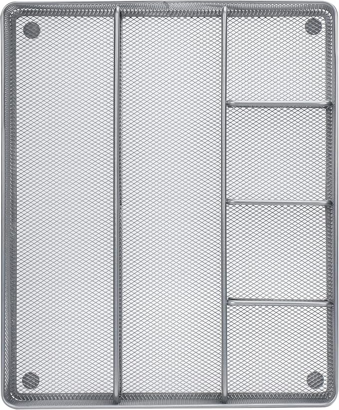Annova Desk Top Organizer Tray for Office Organization - Metal Mesh - Storage Tray with Dividers for Pens, Desktop Accessories, Bathroom, Kitchen, Makeup and Office Supplies (Large, Silver)