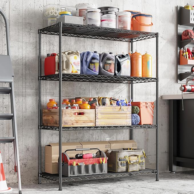 4- Shelf Metal Shelving Unit Adjustable Storage Shelves Heavy Duty Garage Shelving Steel Wire Shelving for Laundry Bathroom Kitchen Pantry Closet Garage Black, 35.6Wx16Dx54H