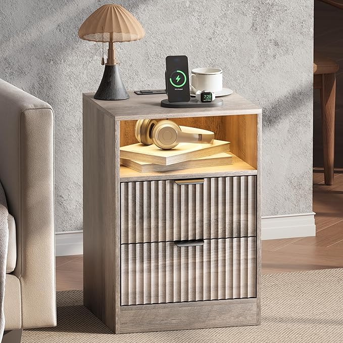 LED Nightstand with Charging Station, Fluted Nightstand Set of 2, Wood Nightstands with 2 Drawers & Metal Handles, Modern Bedside Table & End Tables, Farmhouse Night Stands for Bedroom, Grey