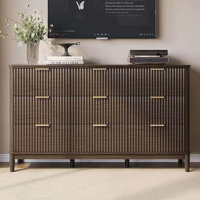 LINSY Fluted Dresser for Bedroom with 9 Drawers, Mid Century Modern Chest of Drawers with Gold Metal Handles, Wide Boho Wood Dressers, Large Farmhouse Storage Cabinet for Bedroom, Living Room, Walnut