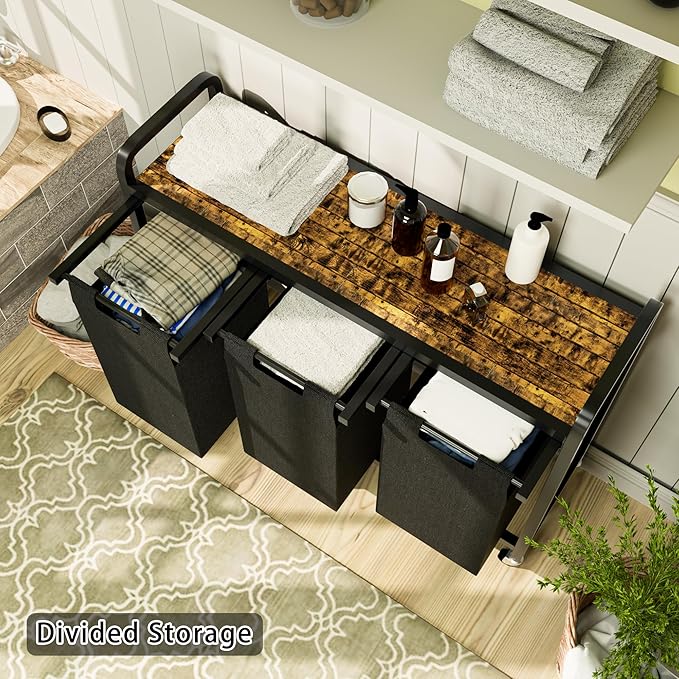 Laundry Sorter with Shelf, Wheels, Pull-Out and Removable Bags, Laundry Hamper Organizer 3 Sections, Rolling Laundry Basket for Laundry Room Bathroom Hotel Dorm, 42.13"L x 12.8" W x 30.51"H
