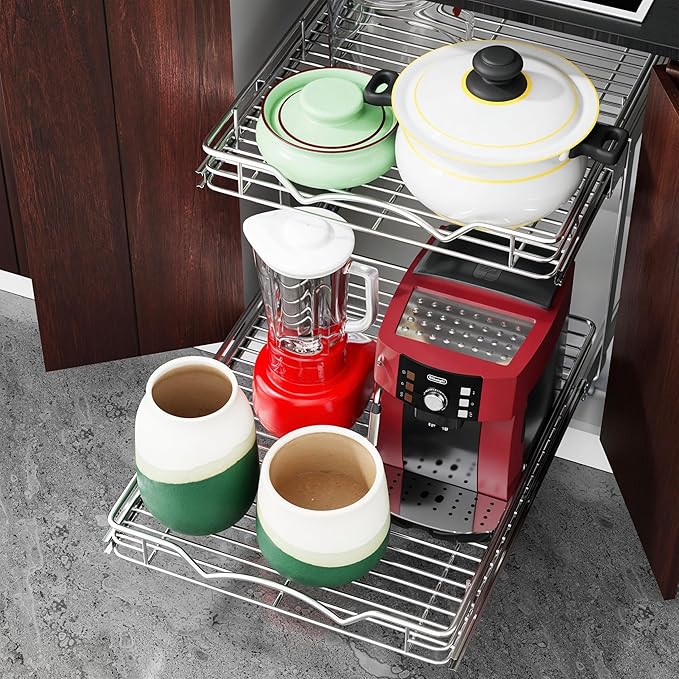 HOLDN’ STORAGE Two Tier Pull Out Cabinet Organizer, Individual Sliding Drawers - Heavy Duty Metal with Lifetime Limited Warranty - Anti Rust Chrome Finish - 26" W x 21”D x 16.5" H