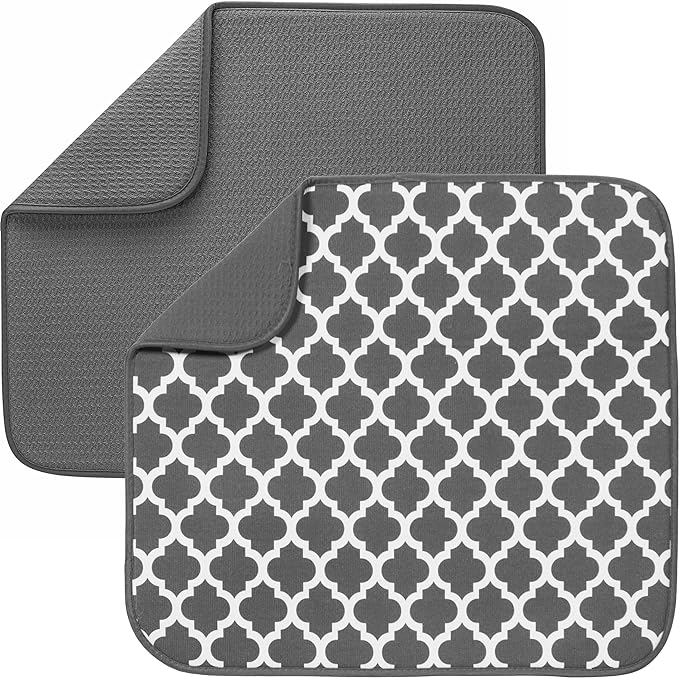 S&T INC. Dish Drying Mat 2 Pack, 16” x 18”, Absorbent Microfiber Kitchen Counter Mat, Dish Drying Pad for Dishes, Utensils, Pots and Pans, Large, Grey and Grey Trellis