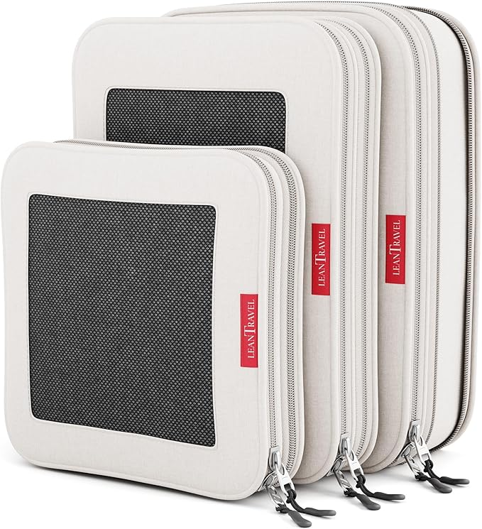 LeanTravel Compression Packing Cubes for Travel Organizers with Double Zipper (3-Pack (2L+1M), Sand)