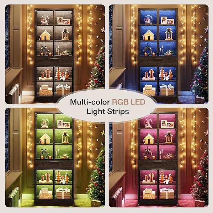 Tribesigns 71-inch Tall Display Cabinet with Doors, 5-Tier Curio Cabinet for Collectibles with LED Lights and Drawer, Display Case Bookcase with Shelves for Bedroom, Living Room, Office, Black