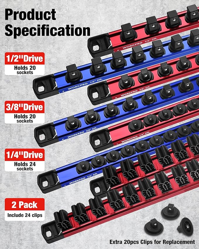 WORKPRO 8-Piece Magnetic Socket Organizer and Magnetic Screwdriver Organizer Set, 6-Piece 1/4", 3/8" & 1/2" Drive Metric & SAE Socket Rail, 2-Piece Screwdriver and Wrench Holder(Sockets not Included)