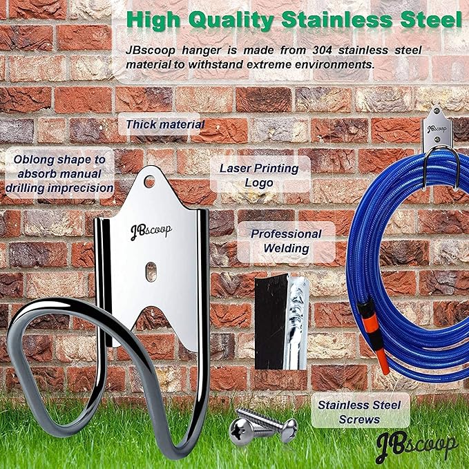 JBscoop Stainless Steel Garden Hose Hanger (Set of 2), for Garden Hose Holder, Rust Free Hose Holder Wall Mount, Heavy Duty Wall Mount Hose Hanger