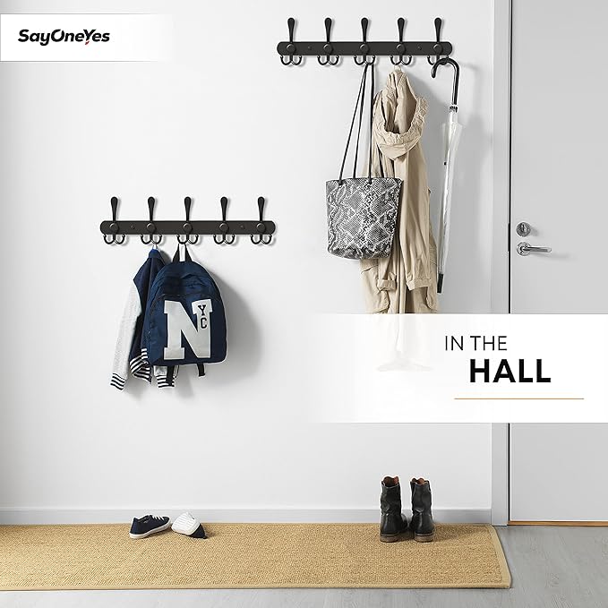 Coat Rack Wall Mount with 5 Tri Hooks, Stainless Steel 16 Inch – Black Matte Finish, Heavy Duty Wall Mounted Hook Rack for Coats, Hats, Towels, Scarfs, Robes, Bags, Entryway & Bathroom