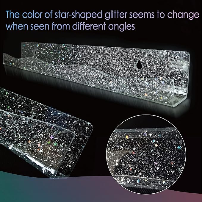 YMVV 15" Nail Polish Rack Wall Mounted Shelf with Iridescent Star Shaped Glitters Sequin Inside,Clear Acrylic Nail Polish Organizer for Nail Techs,Great Display for Salons Retailers（6 Pack）