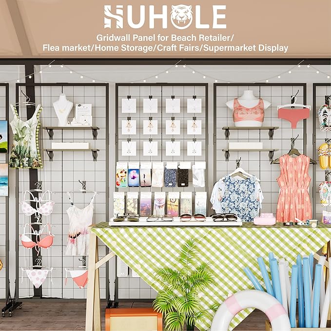 HUHOLE Gridwall Panel Display Stand, 2.2' × 5.2' Ft Movable Grid Wall Panel Display Stand, Heavy-Duty Floorstanding Wire Display with Extra 12 Hooks for Retail, Garage Organization, Craft Fairs