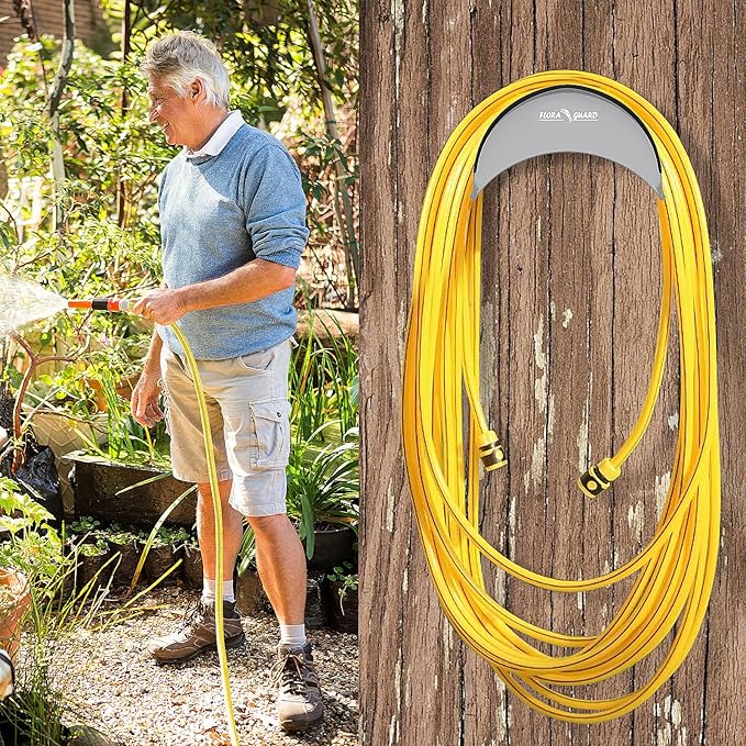 FLORA GUARD Garden Hose Holder, Heavy-Duty Hose Hanger, Holds Up to 125 ft, Garden Rack Wall Mount for Outside, Rust and Slip Resistant, Gray