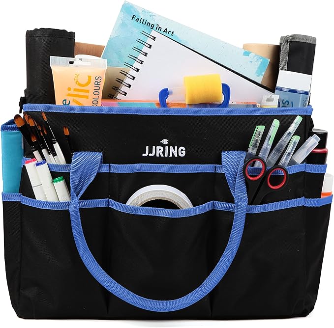Large Multi-Functional Carrying Bag, 600D Nylon Artist Tote Bag with 16 Pockets Caddy for Art, Craft, Sewing, Make-up or School, Medical, Office Supplies Organizer, Blue