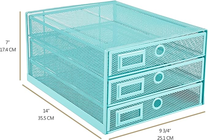 Annova Desk Organizer Wire Mesh 3 Tier Sliding Drawers Paper Sorter/Multifunctional/Premium Solid Construction for Letters, Documents, Mail, Files, Paper, Kids' Art Supplies (Turquoise)