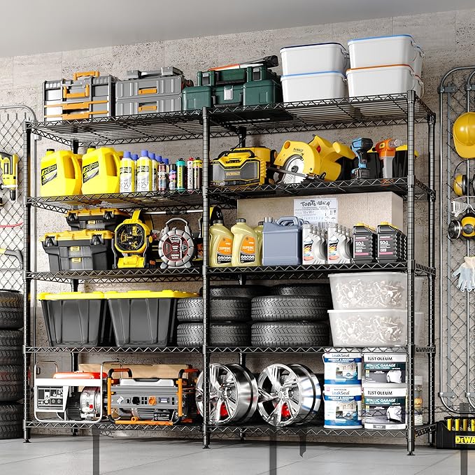 5-Tier Storage Shelving Unit Metal Shelves 59" W Wire Shelving, 70" H L-Shaped Pantry Shelves Kitchen Storage Shelves for Home Commercial Garage Heavy Duty, 70.5" H x 59" W x 13.8" D