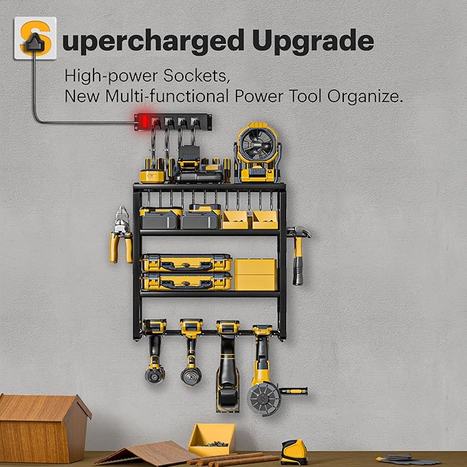 Power Tool Organizer Wall Mount with Charging Station, 4 Drill Holders and 4 Layers Garage Organization, Tool Battery Holder with 4 Outlet Power Strip, Tool Storage for Workshop Pegboard, Shed