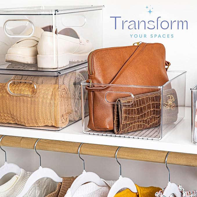 primebox Plastic Food Storage Clear Container Bin with Handles for Organizing Kitchen, Pantry, Refrigerator, Freezer, Pantry, Cabinet, Closet, Bathroom 10”x8”x5”