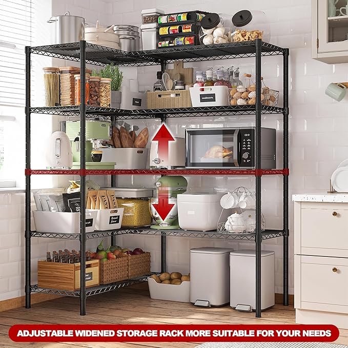 REIBII1450LBS Metal Shelving Unit Storage Shelves 5 Tier Wire Shelving 58.1''W Pantry Shelves Wire Shelf Adjustable Garage Shelving Heavy Duty Storage Rack for Pantry Kitchen Garage, Black，2 Pack
