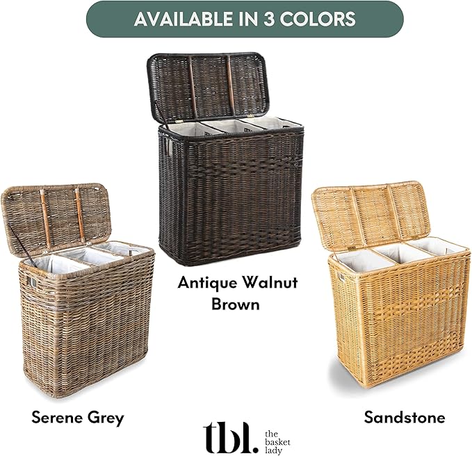 The Basket Lady 3-Compartment Wicker Laundry Sorter Hamper, 30 in L x 15 in W x 28 in H, Serene Grey