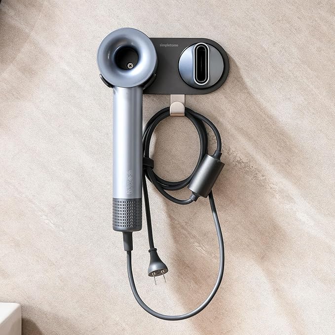 simpletome Hair Dryer Holder Wall Mount for All Magnetic High Speed Blow Dryer with Plug Cord Organizer Hook (Aluminum Alloy, White)