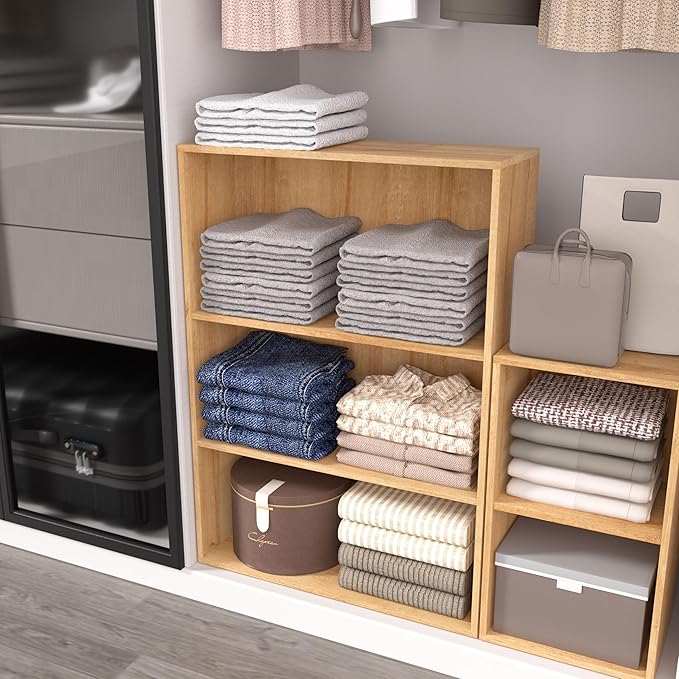 Wooden 4 Cube Storage Organizer,4 Tier Low Bookcase Storage Display Organizer, 44 Inch Versatile Cubes Shelf and Cubby Unit for Any Space (Oak, 4 Cube-W(23.6inch)