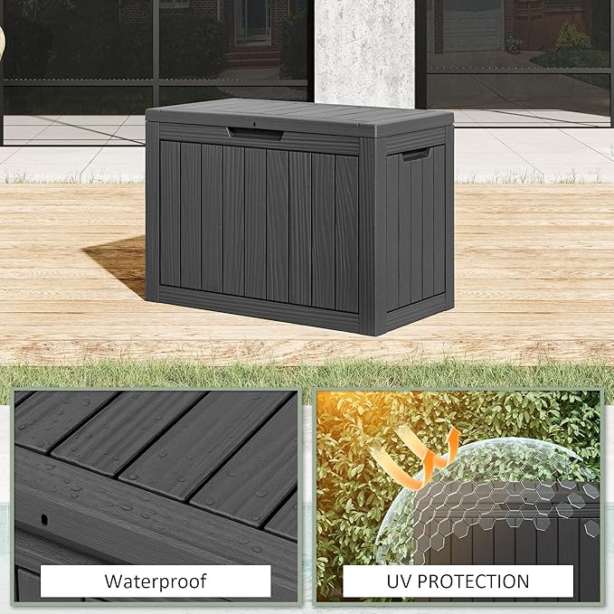 NUNU LAB Outdoor Storage Box, 45 Gallon Outside Deck Box Waterproof, Resin Outdoor Storage Cabinet With Lockable Lid, Backyard Storage Bench For Garden Tools, Patio Cushions, Pool Tools, Black