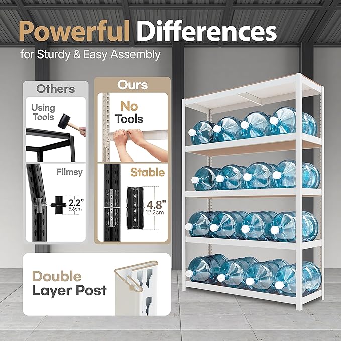 HOMEDANT House Lift-Beam White Boltless Heavy Duty Garage Storage Shelving Adjustable 5-Tier Metal Shelves Laminated Shelf Industrial Utility Rack Pantry 48.1" W x 24.4" D x 71.3" H 2Pack