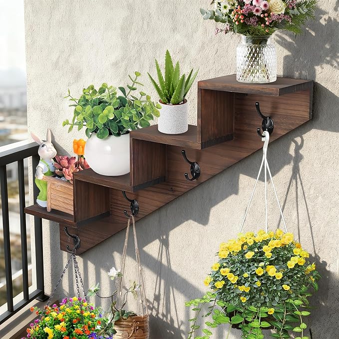 Coat Rack Wall Mount with Shelf, Brown Ladder Shelf with Hooks Underneath, Wall Mounted Rise Wooden shelves for Decorative, 4 Double Hooks for Hanging Coats, Keys, Books, Flowers, Planter, Towels
