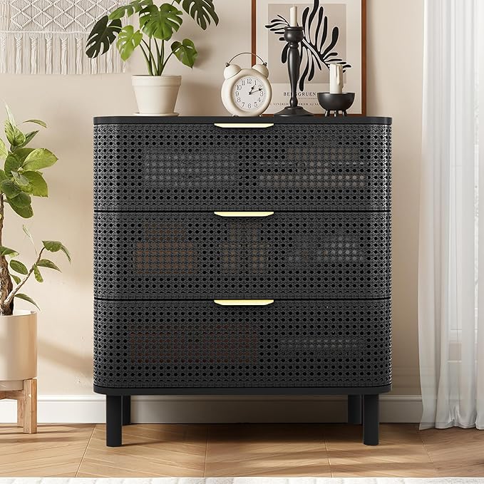 ORRD 3 Drawer Dresser Set of 2, Modern Iron Rattan Cabinet Dresser for Bedroom, Large Nightstand Accent Storage Chest of Drawers for Living Room, Bedroom - Black