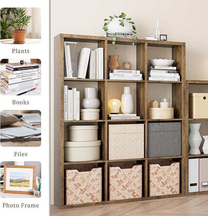 Cube Storage Organizer Bookcase, Decorative 11 inch Open Back Cubical Shelf with Thickened Border, Display Bookshelf for Living Room, Home Office, Sturdy Room (Brown, 12 Cube)