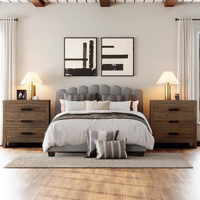 WAMPAT Farmhouse 3 Drawer Nightstand Set of 2, Large Wood Bedside Tables, 32" Wide End Tables with Storage for Living Room, Bedroom, Hallway, Brown