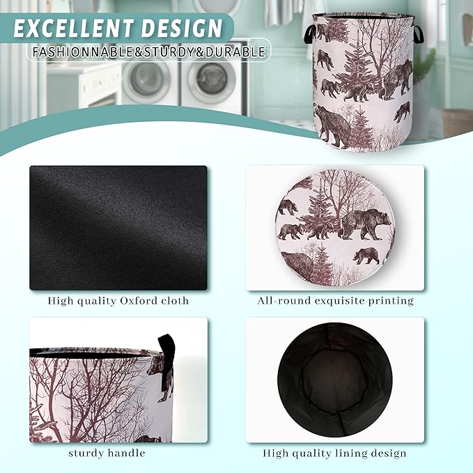 Forest Bear Laundry Hamper With Handles Foldable Oxford Cloth Retro Animals Tote Bag Bears Funny Laundry Basket Clothes Toy Storage Bucket 18.9" x 16.5" For Bathroom/Laundry/Bedroom