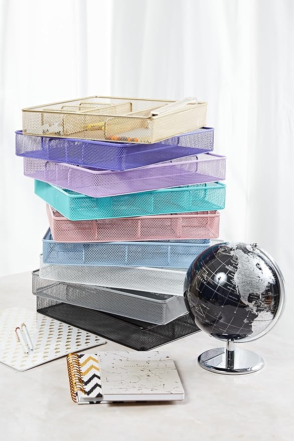 Annova Desk Top Organizer/Storage Tray - Metal Mesh with Dividers for Pens, Desktop Accessories, Bathroom, Kitchen, Makeup and Office Supplies (Large, Light Purple)