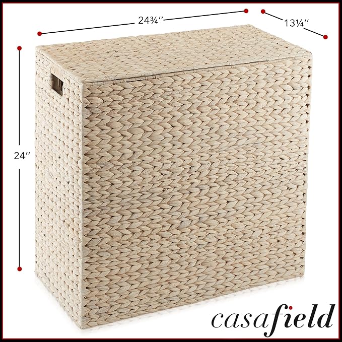 Casafield 2-Section Laundry Hamper with Removable Liner Bags - Whitewash, Woven Water Hyacinth Double Laundry Basket Sorter for Clothes and Towels