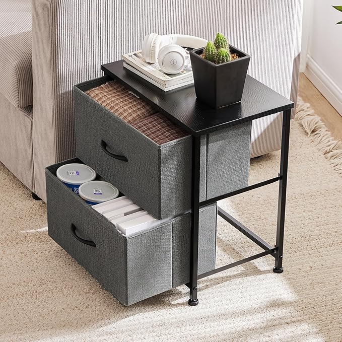DUMOS Nightstand End Table with Dual Fabric Drawers Compact Bedside Storage for Bedroom Kids Room Closet Entryway College Dorm 20 Inch Tall Dresser,Grey