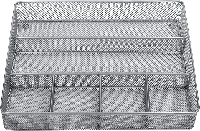 Annova Desk Top Organizer Tray for Office Organization - Metal Mesh - Storage Tray with Dividers for Pens, Desktop Accessories, Bathroom, Kitchen, Makeup and Office Supplies (Large, Silver)