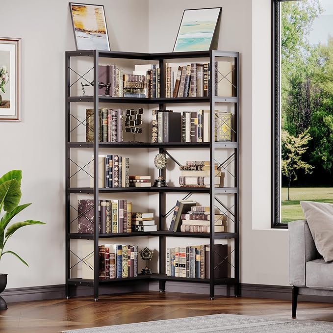 6-Shelf Corner Bookshelf, Vintage Industrial Corner Bookshelf Etagere Bookcase, Large Book Shelf with Metal Frame Open Storage CornerCabinet (Black, Small)