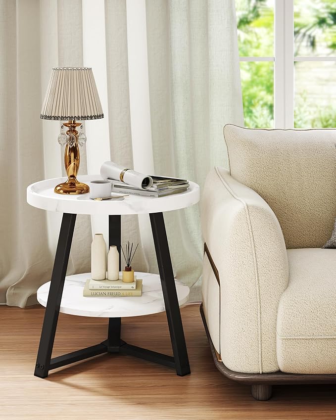 Small Round End Table, 2-Tier Side Table with Storage, Small Round Coffee Table for Living Room, 20'' Living Room Furniture with Sturdy Steel Frame (White Marble)