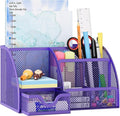 EasyPAG Mesh Desk Organizer with Drawer Multi-functional Pen Holder Stationery Organizer for Office School Supplies 6 Compartments Dorm Organizers and Storage for Desk, Purple