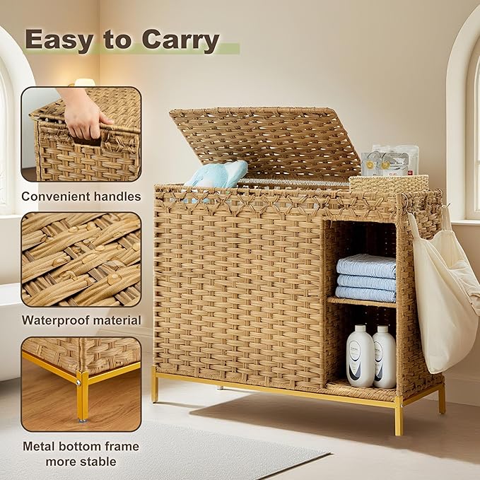Laundry Hamper with Lid, 130L (34.4 Gal) Rattan Laundry Hamper 3 Section with 50L (13.2 Gal) Storage Shelf, Wicker Woven Laundry Sorter Basket with 4 Liner Bags and Handles, Gray GLH003G