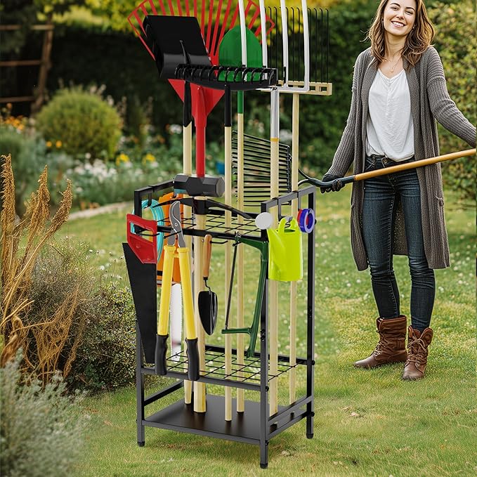 Garden Tool Organizer for Garage, Yard Tool Rack, Holds Up to 36 Long-Handled Tools, Black Metal Garden Tools Rack Storage with Hooks for Yard Shed Garage Organization