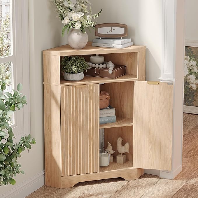 Vabches Corner Cabinet, Corner Bathroom Cabinet with Open Storage, Modern Fluted Storage Cabinet with 2 Doors and Adjustable Shelf, Space Saver for Bathroom, Kitchen, Living Room, Pantry, Natural