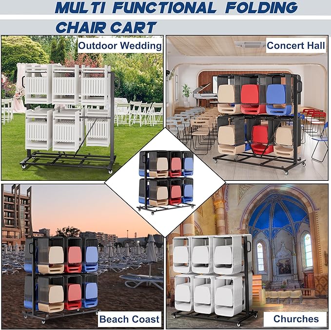 Folding Chair Rack, Heavy-Duty Chair Cart for 84 Chairs or 12 Tables of 800 LBS Capability, Contain Weatherproof Cover 2 Elastic Cords